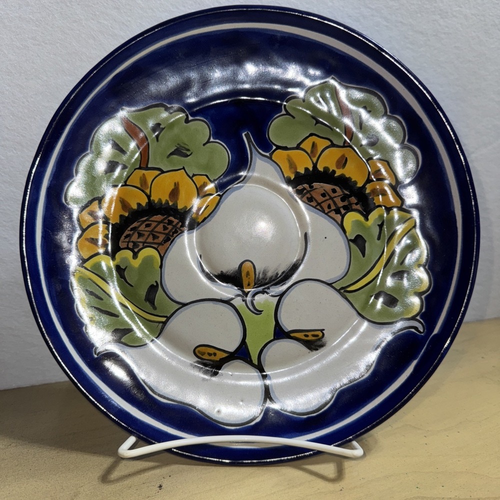 TALAVERA MEXICAN POTTERY PLATE CALLA LILIES AND SUNFLOWERS 10.5" - Picture 2 of 6